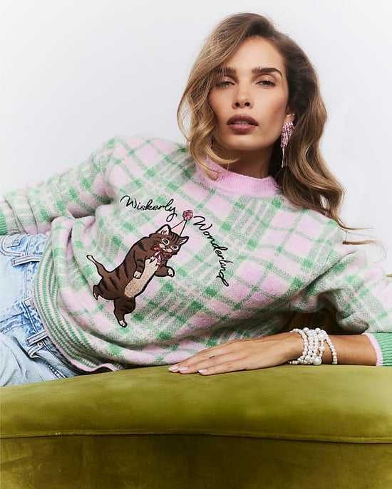 River Island Womens Jumper Green Check Cat Crew Neck - Image 3