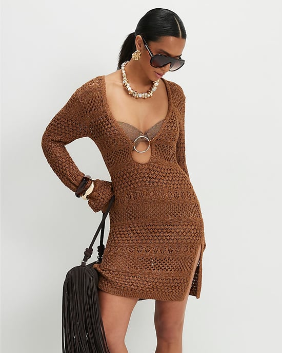 River Island Womens Mini Beach Dress Petite Brown Metallic Knit - Image 1