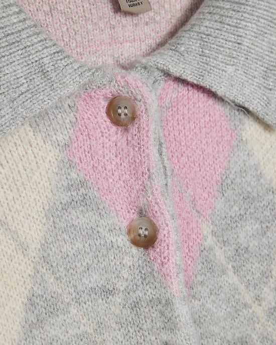 River Island Womens Jumper Pink Argyle Knit Polo Neck - Image 5