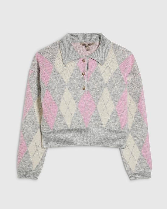 River Island Womens Jumper Pink Argyle Knit Polo Neck - Image 6
