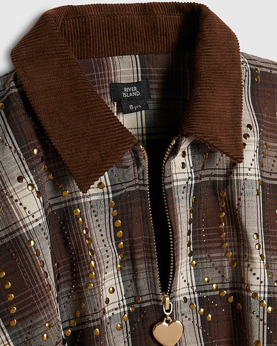 River Island Girls Jacket Brown Check Stud Collared - Image 2