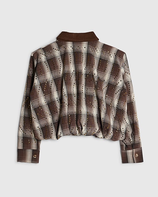 River Island Girls Jacket Brown Check Stud Collared - Image 4