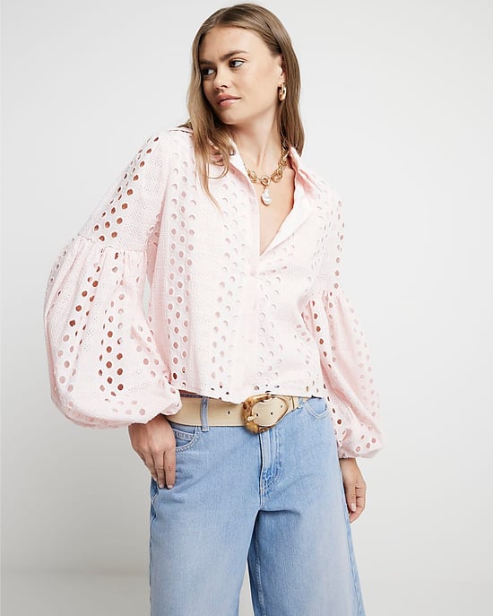 River Island Womens Shirt Pink Broderie Puff Sleeve - Image 1