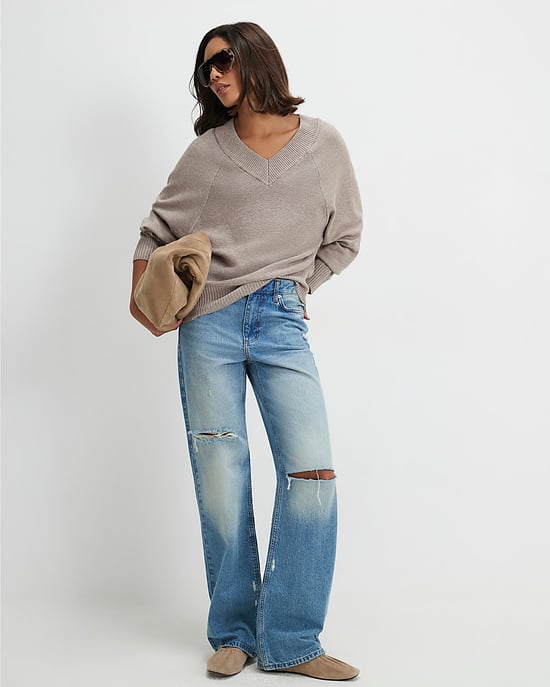 River Island Womens Jumper Beige Cotton V-Neck Knitted - Image 4