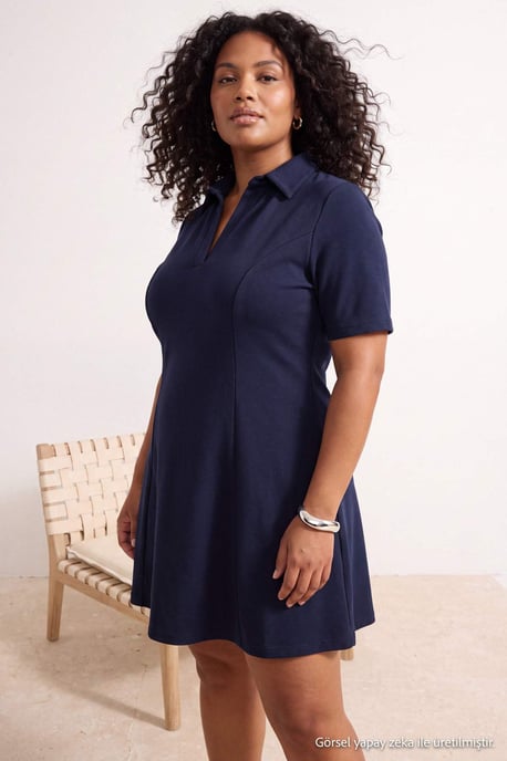 Trendyol Curve Dam Mörkblå Enfärgad Kort / Mini Trekvartsärm A-linje Plus size Klänning - Image 1
