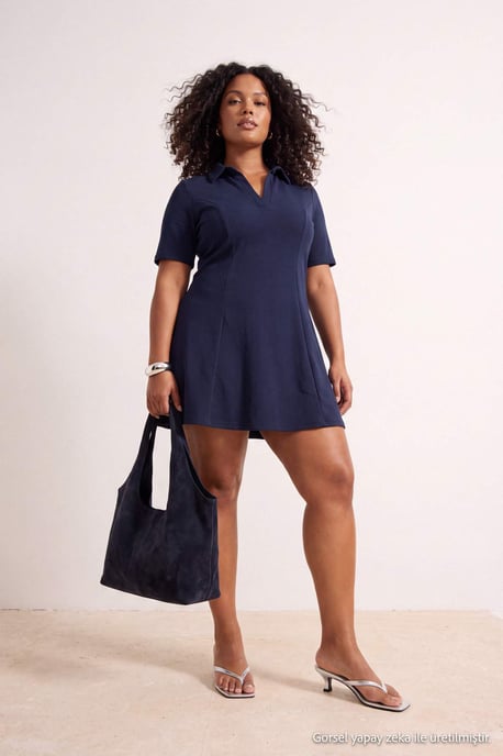 Trendyol Curve Dam Mörkblå Enfärgad Kort / Mini Trekvartsärm A-linje Plus size Klänning - Image 2
