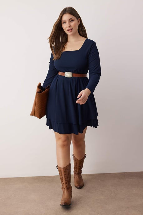 Trendyol Curve Dam Mörkblå Enfärgad Kort / Mini Lång Casual Skater Plus size Klänning - Image 1