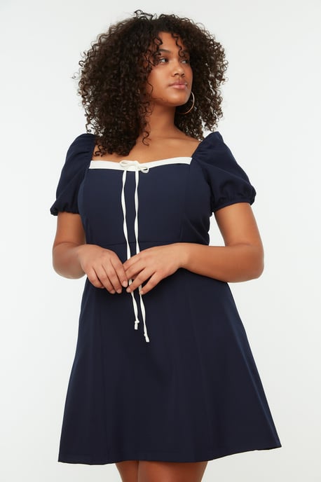 Trendyol Curve Dam Mörkblå Enfärgad Kort / Mini Kort Casual A-linje Plus size Klänning - Image 6