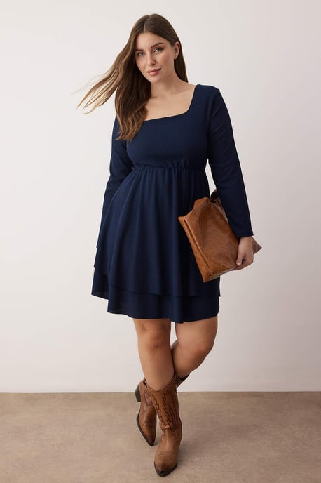 Trendyol Curve Dam Mörkblå Enfärgad Kort / Mini Lång Casual Skater Plus size Klänning - Image 6