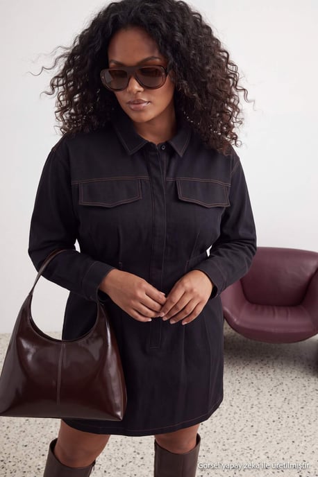 Trendyol Curve Dam Mörkblå Enfärgad Kort / Mini Lång A-linje Plus size Klänning - Image 2