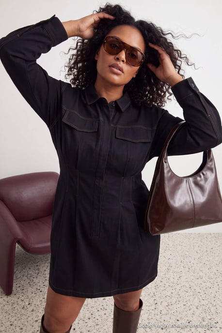 Trendyol Curve Dam Mörkblå Enfärgad Kort / Mini Lång A-linje Plus size Klänning - Image 3