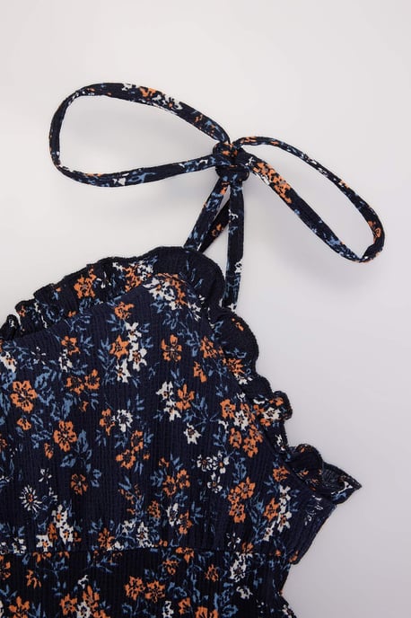 Trendyol Curve Dam Mörkblå Blommig Kort / Mini Ärmlös A-linje Plus size Klänning - Image 5
