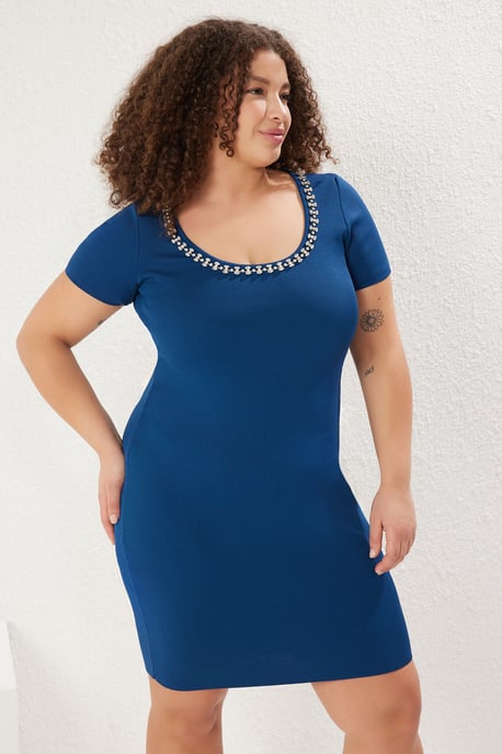 Trendyol Curve Dam Mörkblå Enfärgad Kort / Mini Kort Casual Skater Plus size Klänning - Image 5