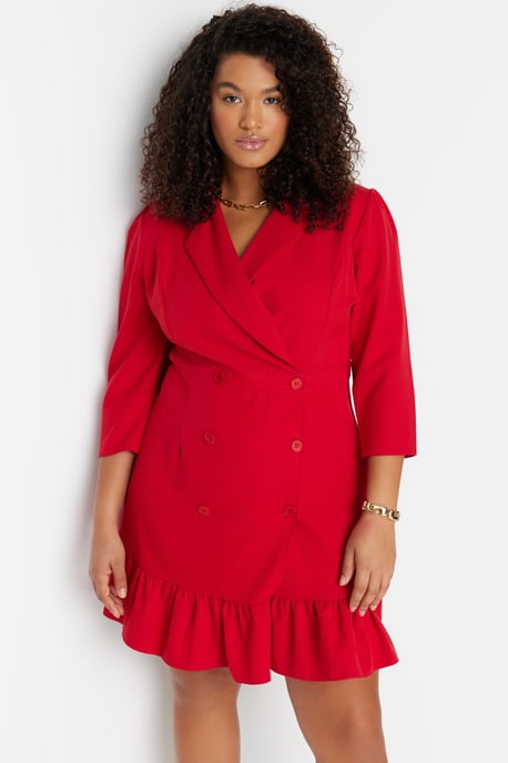 Trendyol Curve Dam Röd Enfärgad Kort / Mini Trekvartsärm Casual Kavaj Klänning Plus size Klänning - Image 2