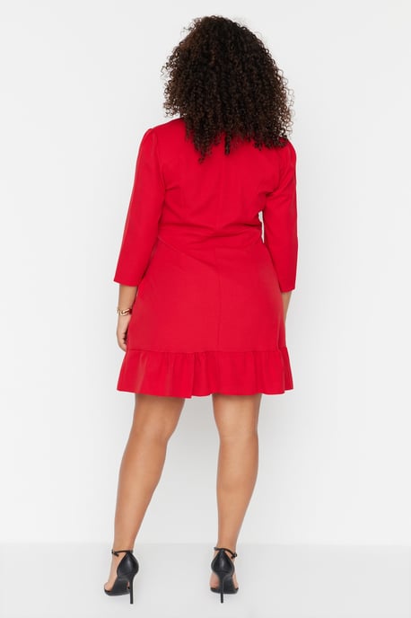 Trendyol Curve Dam Röd Enfärgad Kort / Mini Trekvartsärm Casual Kavaj Klänning Plus size Klänning - Image 4