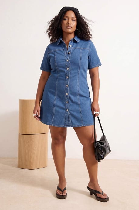 Trendyol Curve Dam Blå Enfärgad Kort / Mini Kort A-linje Plus size Klänning - Image 6