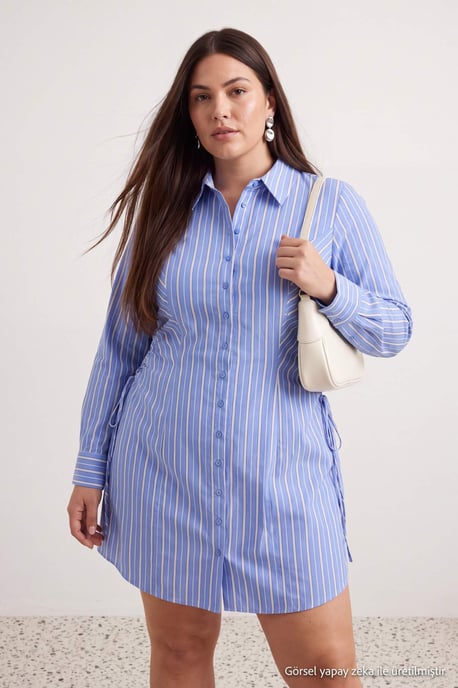 Trendyol Curve Dam Blå Randig Kort / Mini Lång Rak Plus size Klänning - Image 4