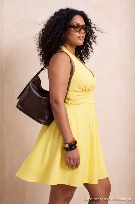 Trendyol Curve Dam Gul Enfärgad Kort / Mini Ärmlös Skater Plus size Klänning - Image 6