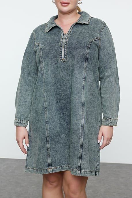 Trendyol Curve Dam Blå Enfärgad Kort / Mini Lång Casual Rak Plus size Klänning - Image 2