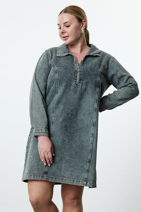 Trendyol Curve Dam Blå Enfärgad Kort / Mini Lång Casual Rak Plus size Klänning - Image 5