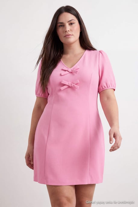 Trendyol Curve Dam Rosa Enfärgad Kort / Mini Trekvartsärm Skater Plus size Klänning - Image 3