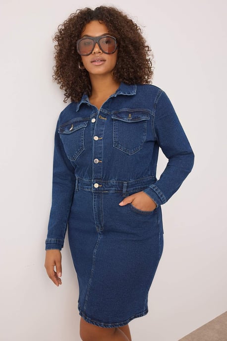 Trendyol Curve Dam Blå Enfärgad Kort / Mini Lång Casual Skjortklänning Plus size Klänning - Image 4