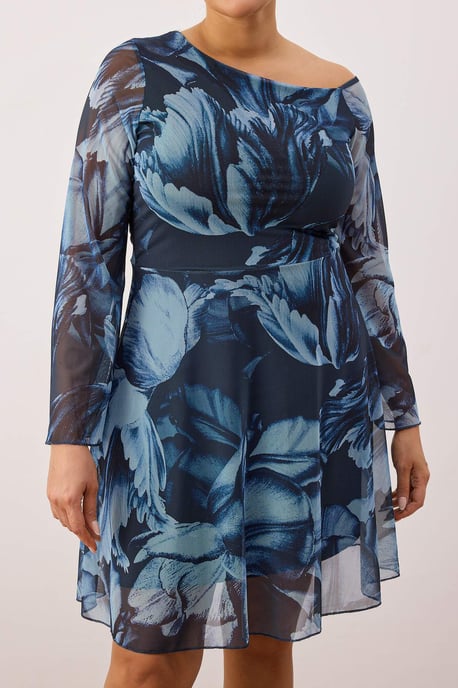 Trendyol Curve Dam Blå Blommig Kort / Mini Lång Casual Skater Plus size Klänning - Image 2