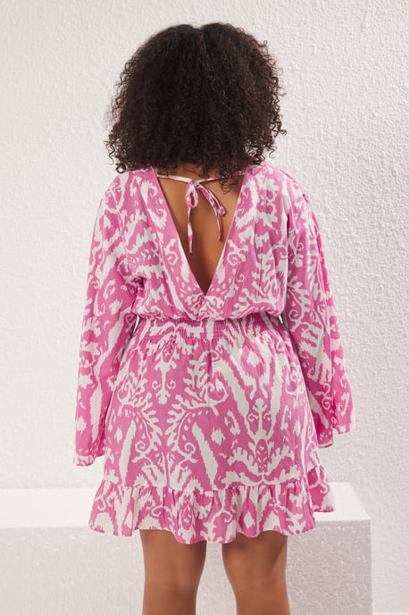 Trendyol Curve Dam Rosa Etniskt mönster Kort / Mini Lång Strandkläder Skater Plus size Klänning - Image 3