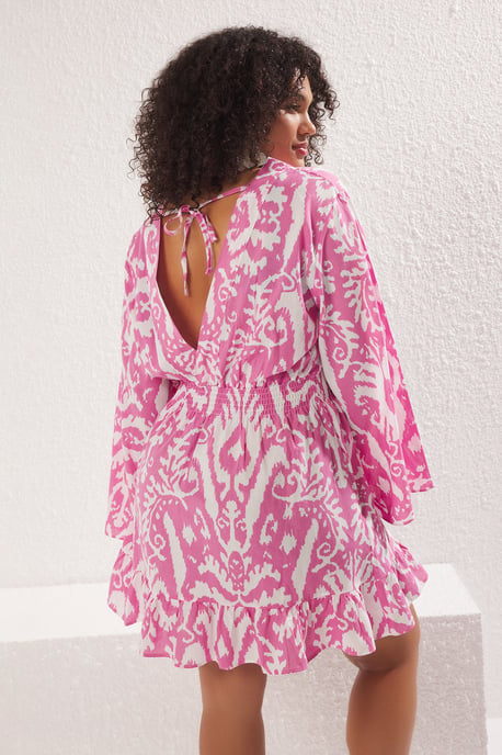 Trendyol Curve Dam Rosa Etniskt mönster Kort / Mini Lång Strandkläder Skater Plus size Klänning - Image 4