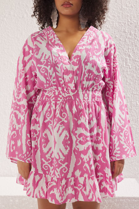Trendyol Curve Dam Rosa Etniskt mönster Kort / Mini Lång Strandkläder Skater Plus size Klänning - Image 6