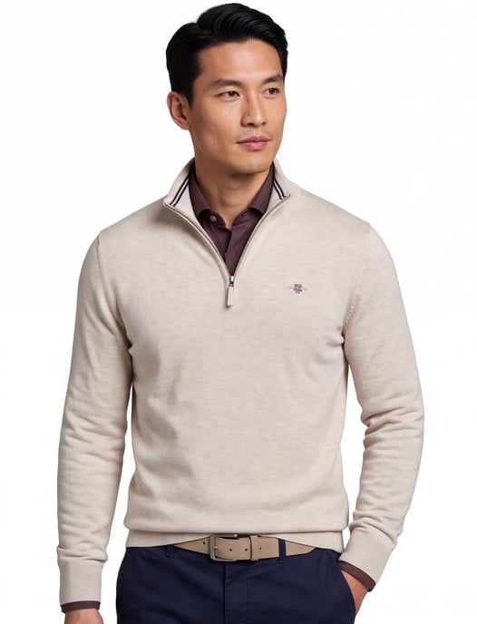 katoenen Gant half zip trui beige effen normale fit - Image 1