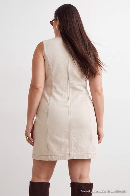 Trendyol Curve Dam Ecru Enfärgad Kort / Mini Ärmlös Rak Plus size Klänning - Image 3