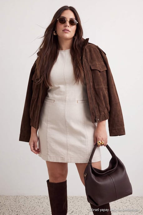 Trendyol Curve Dam Ecru Enfärgad Kort / Mini Ärmlös Rak Plus size Klänning - Image 6