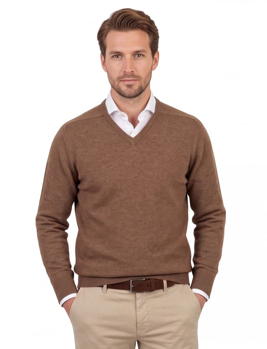 William Lockie pullover cognac lamswol v-hals - Image 1