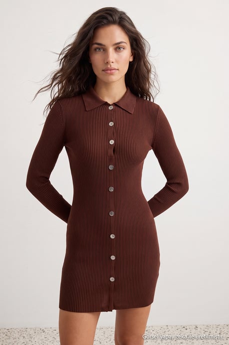 TRENDYOLMİLLA Dames Bruin Effen Kort / Mini Lang Casual Recht Jurken - Image 2