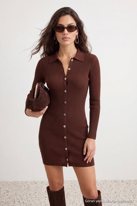 TRENDYOLMİLLA Dames Bruin Effen Kort / Mini Lang Casual Recht Jurken - Image 3