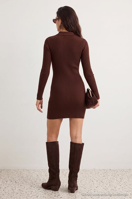 TRENDYOLMİLLA Dames Bruin Effen Kort / Mini Lang Casual Recht Jurken - Image 4