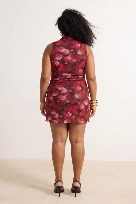 Trendyol Curve Dam Flerfärgad Blommig Kort / Mini Ärmlös Casual Skater Plus size Klänning - Image 3
