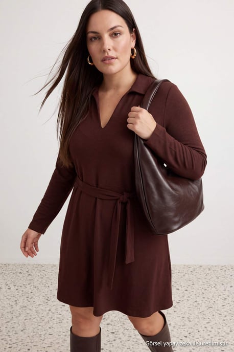 Trendyol Curve Dam Brun Enfärgad Kort / Mini Lång Casual A-linje Plus size Klänning - Image 4