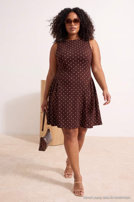 Trendyol Curve Dam Brun Prickig Kort / Mini Ärmlös Casual A-linje Plus size Klänning - Image 6