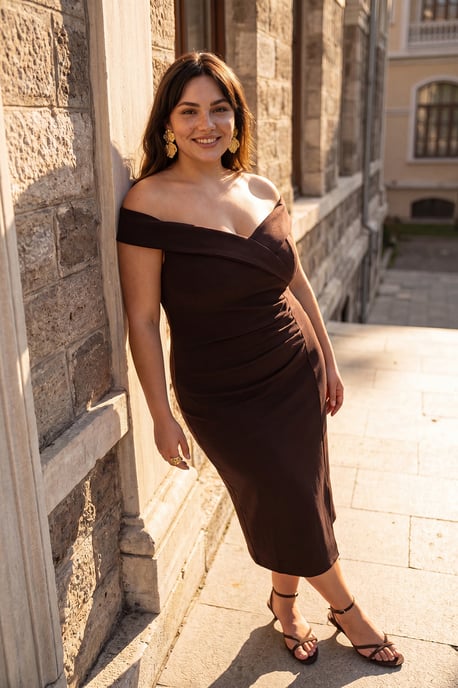 Trendyol Curve Dam Brun Enfärgad Kort / Mini Ärmlös Elegant/Kväll Bodycon Plus size Klänning - Image 6