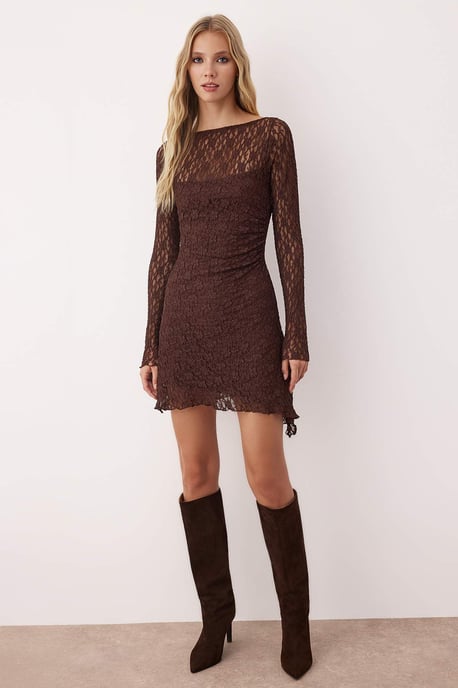 TRENDYOLMİLLA Dames Bruin Effen Kort / Mini Lang Casual A-lijn Jurken - Image 1