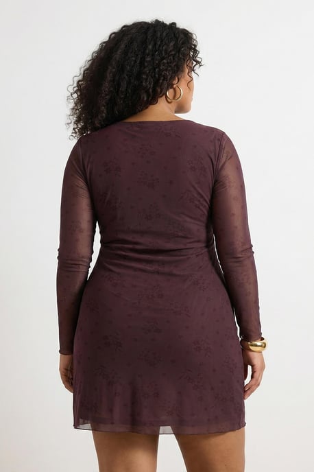 Trendyol Curve Dam Brun Blommig Kort / Mini Lång Casual A-linje Plus size Klänning - Image 2