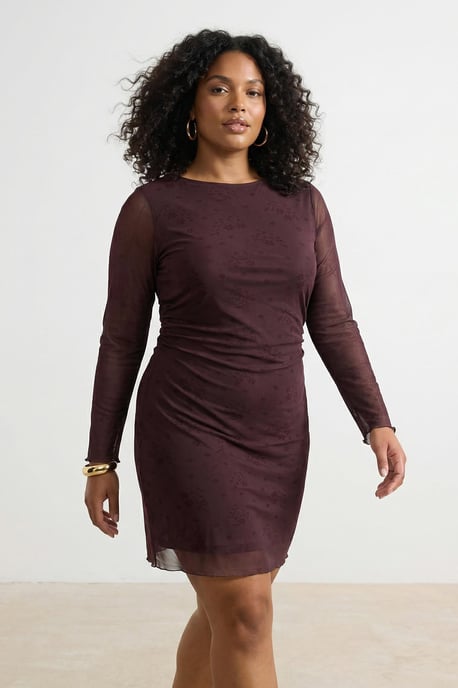 Trendyol Curve Dam Brun Blommig Kort / Mini Lång Casual A-linje Plus size Klänning - Image 3