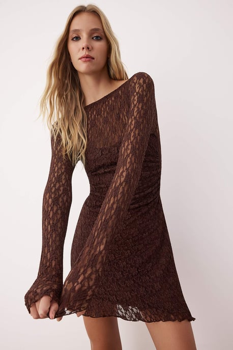 TRENDYOLMİLLA Dames Bruin Effen Kort / Mini Lang Casual A-lijn Jurken - Image 6