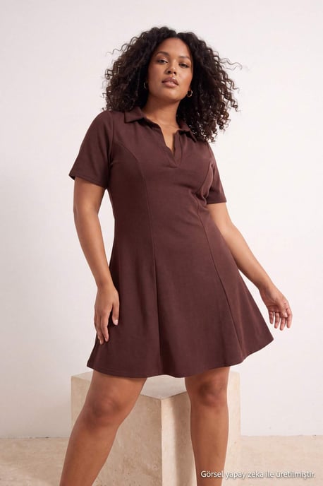 Trendyol Curve Dam Brun Enfärgad Kort / Mini Trekvartsärm A-linje Plus size Klänning - Image 1