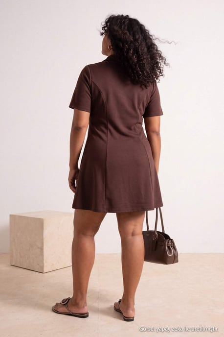Trendyol Curve Dam Brun Enfärgad Kort / Mini Trekvartsärm A-linje Plus size Klänning - Image 3