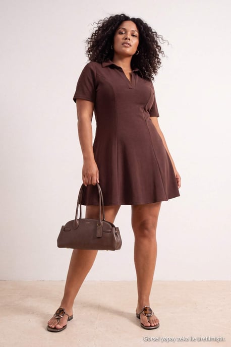 Trendyol Curve Dam Brun Enfärgad Kort / Mini Trekvartsärm A-linje Plus size Klänning - Image 6