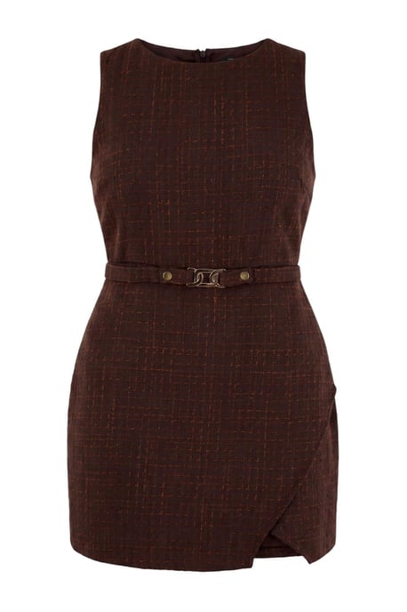 Trendyol Curve Dam Brun Rutig Kort / Mini Ärmlös A-linje Plus size Klänning - Image 4