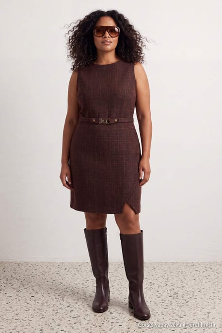 Trendyol Curve Dam Brun Rutig Kort / Mini Ärmlös A-linje Plus size Klänning - Image 6